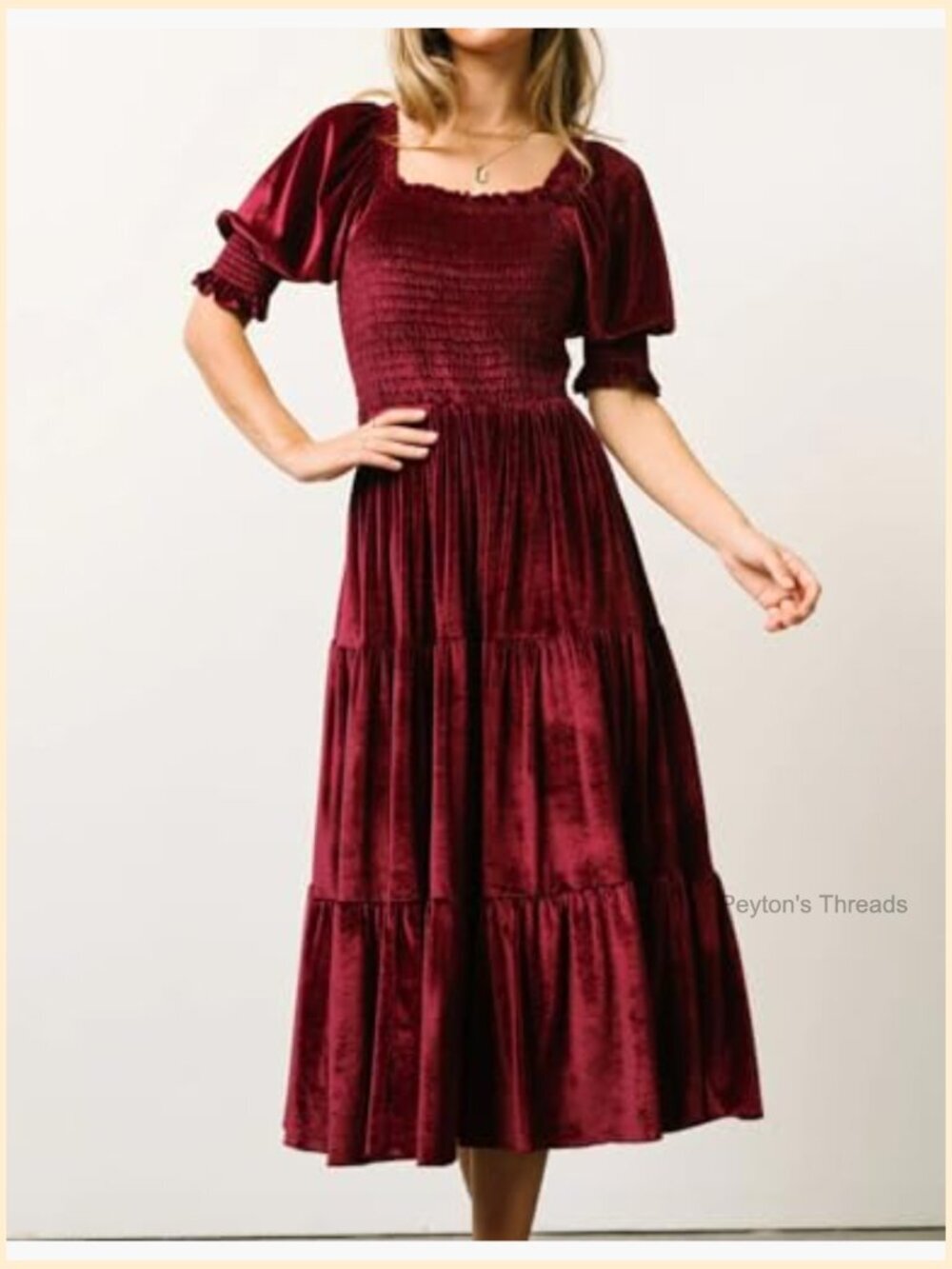 Women's Velvet Midi Dress Puff Sleeve Square Neck Smocked Tiered Ruffle A-Line - Picture 3 of 7